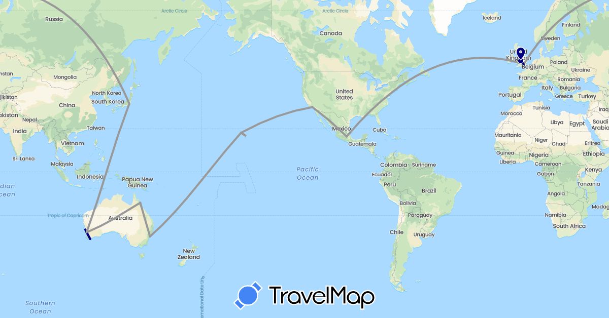 TravelMap itinerary: driving, plane in Australia, United Kingdom, Japan, Mexico, United States (Asia, Europe, North America, Oceania)
